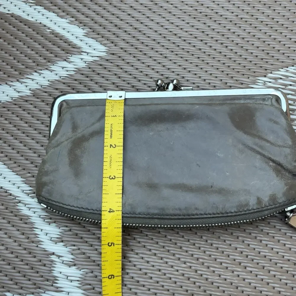 Hobo International Millie Frame Zipper Bottom Leather Clutch Wallet Gray Worn